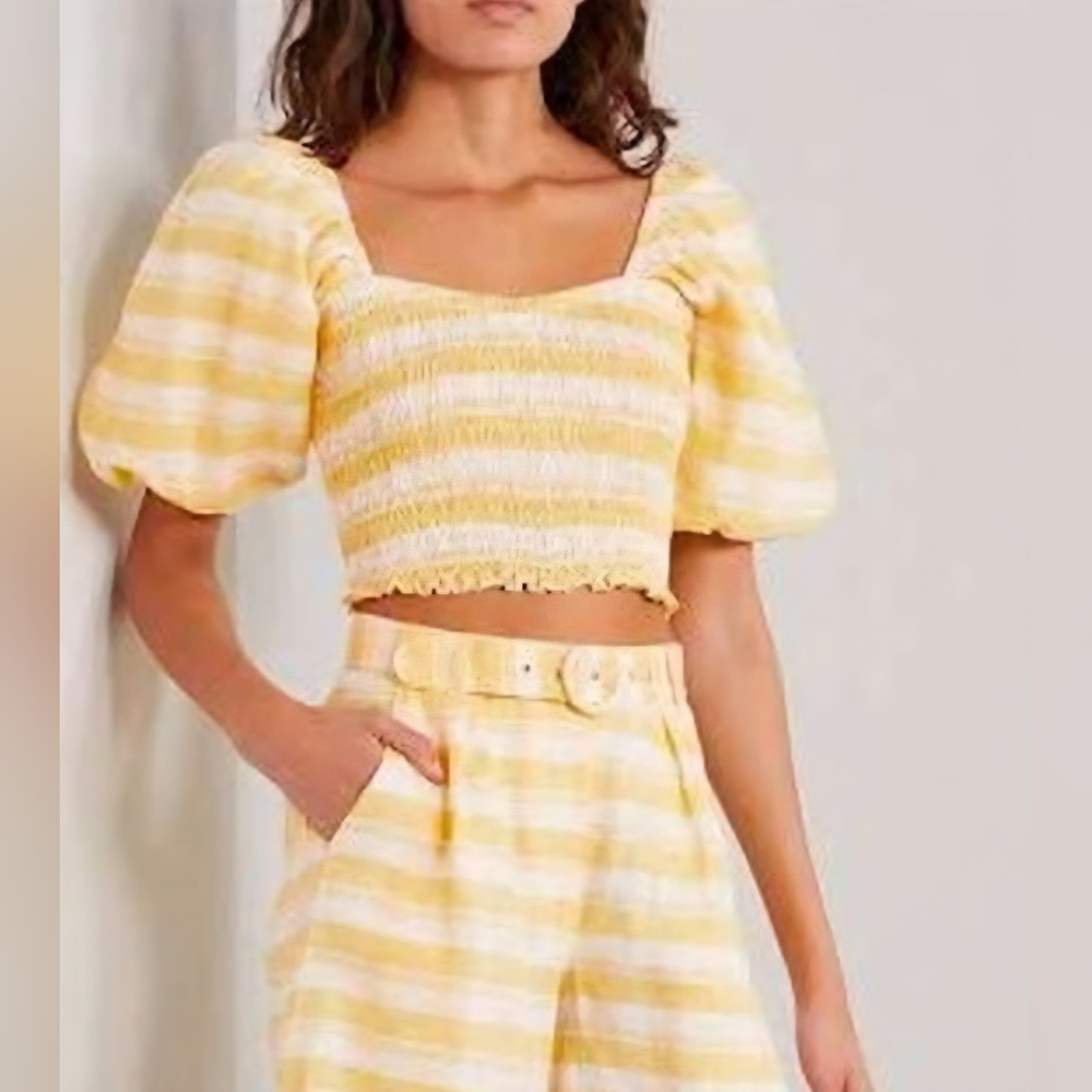NWT Faithfull The Brand Robina Top Ligne Check Yellow White Linen Crop Large